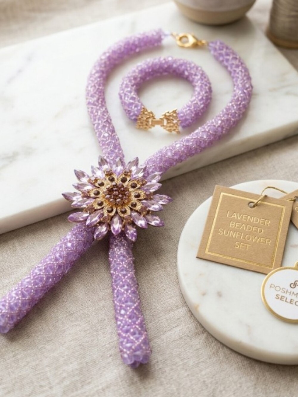 Lavender Beaded Sunflower Brooch  Necklace & Bracelet Set